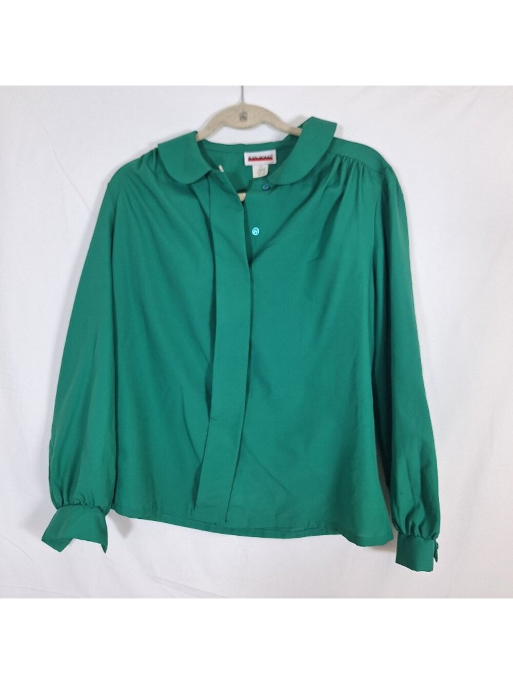 Vintage Judy Bond Green Pleated Button Down Long Sleeve Shirt size 12